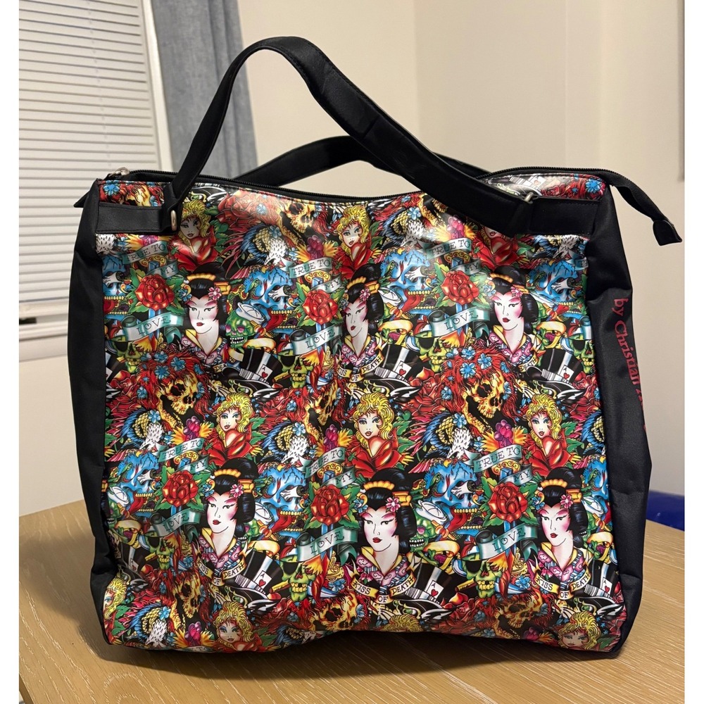 Ed Hardy Christian Audigier Tattoo Print Tote Bag Geisha Skull Black Canvas Y2K